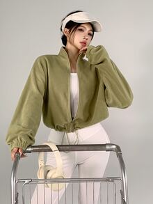 DAZY Women's Solid Color Dropped Shoulder Long Sleeve Zip-Up Sports Jacket - Limelight Green - View 2