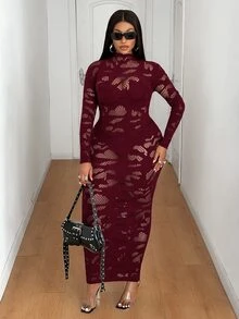 Maweii Plus Size Women Sexy Hollow Out Date Party Dress Fall - Burgundy - View 5