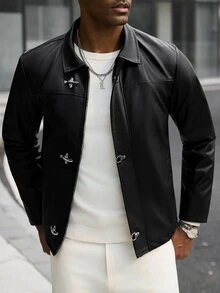 Manfinity CasualCool جاكيت جلد كاجوال للرجال مع إبزيم طائرة - الأسود - مشاهدة 3