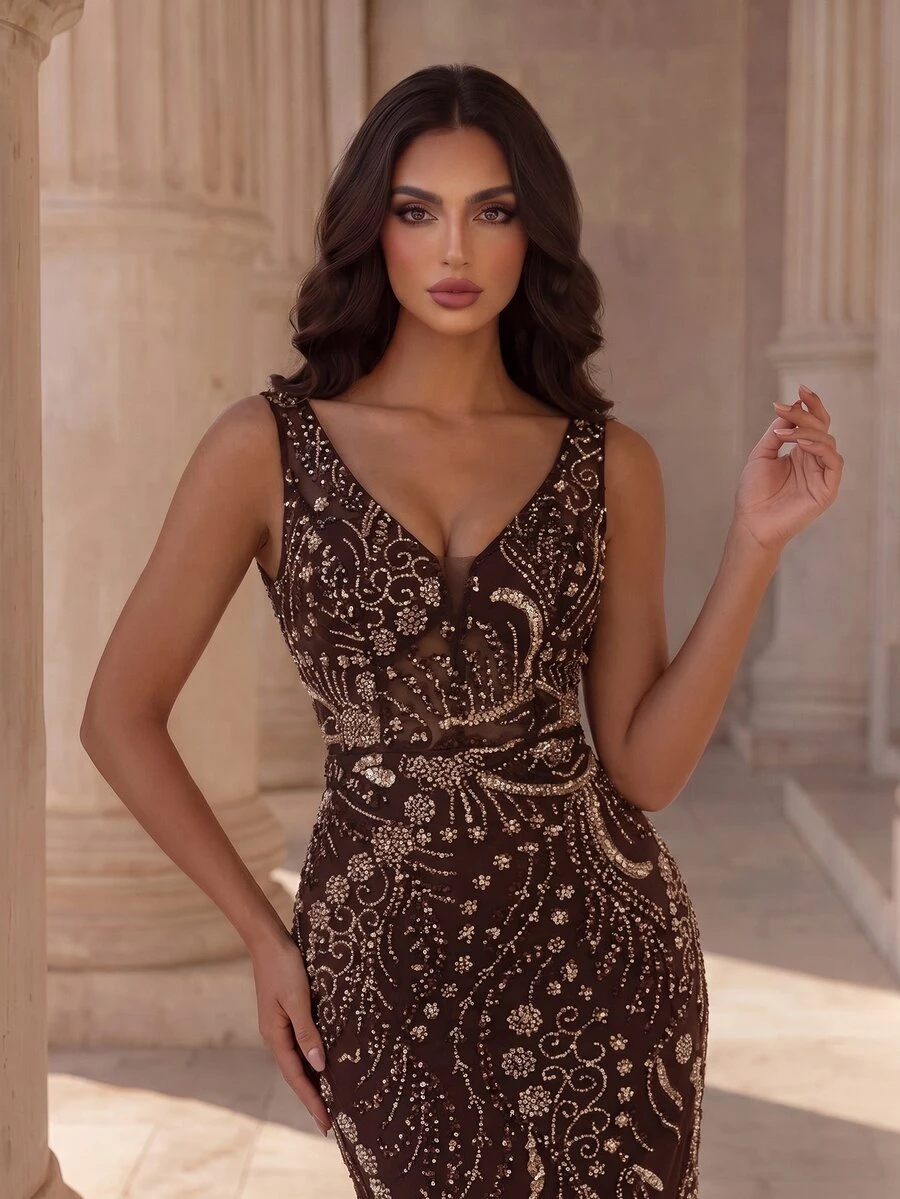 Coutiva V-Neck Sleeveless Heavily Embellished Full-Beaded Fitted Mermaid Tail Long Dress - Brown - View 1