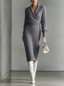 SHEIN Women Fall Winter Shawl Collar Cable Knit Dress Surplice V-Neck Long Sleeve Bodycon Midi Dress - Dark Grey - View 1