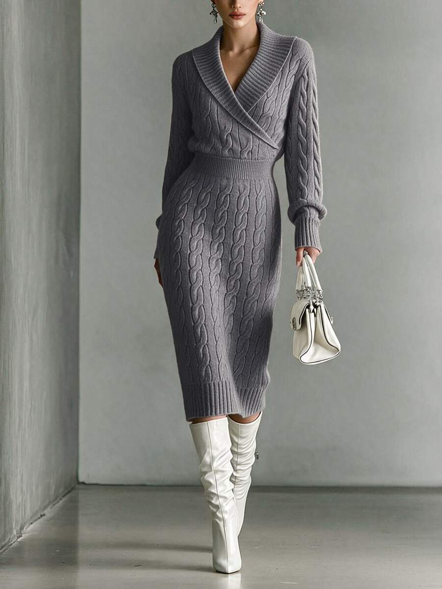 SHEIN Women Fall Winter Shawl Collar Cable Knit Dress Surplice V-Neck Long Sleeve Bodycon Midi Dress - Dark Grey - View 1