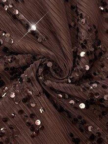 SHEIN LUNE Plus Size Women Solid Color Sequin V-Neck Lantern Sleeve Elegant Dress - Brown - View 8