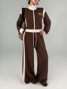 DAZY Women's Colorblock Long Sleeve Top And Pants Casual Daily Sports Set - Brown - View 7