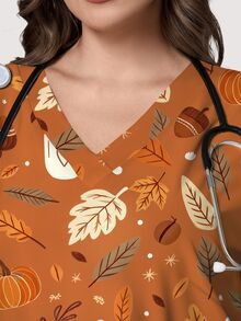 PopScrub Pumpkin Leaf Coffee Print Khaki Plus Size Nurse Uniform, V-Neck Short Sleeve Pocket Split Workwear Top, All Seasons Inner & Outerwear, Autumn Vibe - Multicolor - View 3