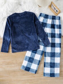 SHEIN 青少年男孩圓領長袖上衣與格紋長褲居家休閒套裝 - 彩色 - 查看 2