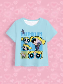 THE POWERPUFF GIRLS X SHEIN Young Girl Cartoon Print Short Sleeve T-Shirt For Daily Wear - White - View 8