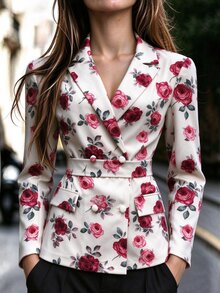 Vavine Rose Print Long Sleeve Lapel Tie Waist Blazer Jacket For Women - Multicolor - View 3