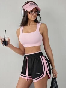 SHEIN Dewbera Women's Casual Sports Shorts, Colorblock Trim Drawstring Elastic Waist, Side Slit Loose Fit For Casual Running And Daily Fitness - Multicolor - View 7