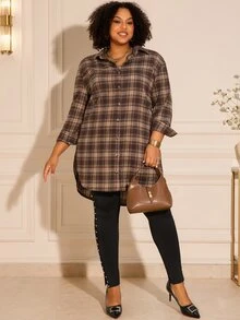 BrightlyHer Plus Size Casual Plaid Single-Breasted Long Sleeve Shirt For Daily Wear - Brown - View 6