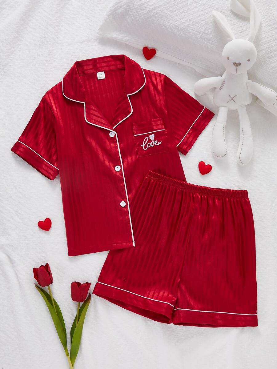 Girls Pink Checkered Knit Short Sleeve Cardigan And Shorts 2 Pieces Pajama Set Girly Pj Set Girls Night Summer Cute - Red - View 1