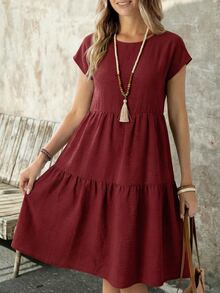 EMERY ROSE Women's Casual Linen-Like Green Short Sleeve Round Neck Mid-Length Dress, Spring/Summer - Red - View 6