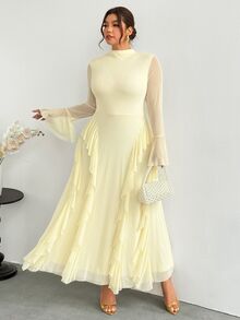 Firerie Plus Size Women's Solid Color Stand Collar Bell Sleeve Patchwork Ruffle Elegant Dress - Yellow - View 6
