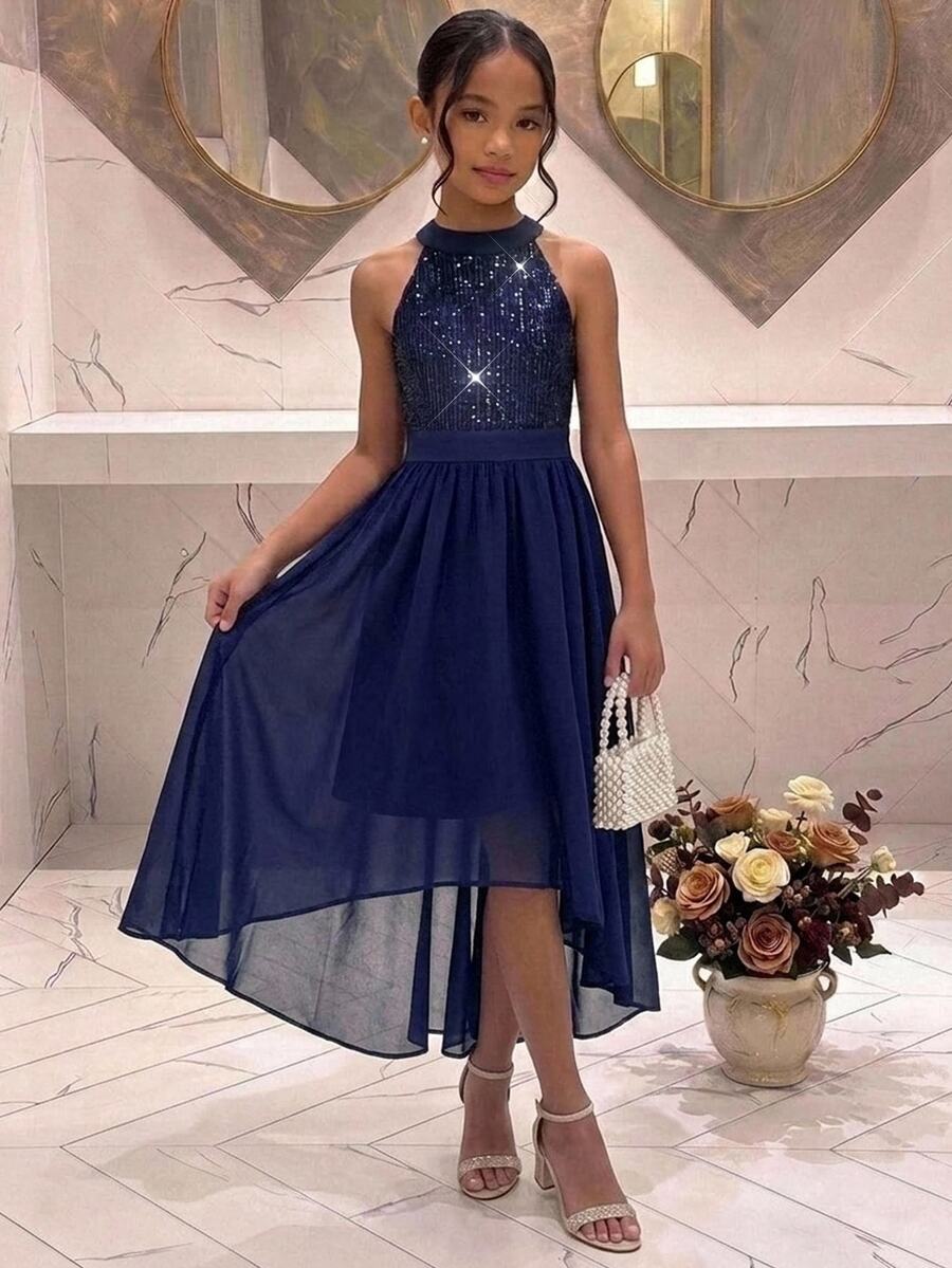 Pitira Tween Girls Partywear Autumn/Winter Kids Sequin Patchwork Maxi Dress, Suitable For Parties, Formal Occasions, Holidays, Wedding Guests And Bridesmaids - Navy Blue - View 1
