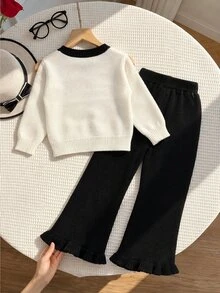 SHEIN Setelan 2 potong untuk anak perempuan usia 8-12 tahun: Cardigan dan celana rajut dengan detail ruffle, warna hitam putih, dan motif pita. - Hitam dan Putih - View 2