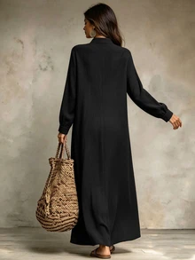 Linhara CURVE Plus Size Women's Solid Color Stand Collar New Chinese Style Draped Wide Hem Frog Sleeve Long Dress With Button Design, Suitable For Daily Casual Indoor And Outdoor Wear - Multicolor - View 2