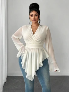 Maweii Plus Size V-Neck Criss-Cross Chiffon Blouse With Flared Long Sleeves, Elastic Waist And Asymmetrical Ruffle Hem, Flattering Shirt - Beige - View 2