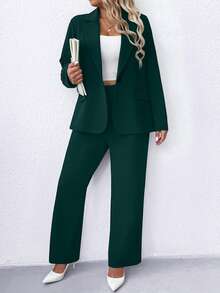 Elenzga Plus Size Solid Color Formal Suit Jacket & Pants Set - Green - View 4