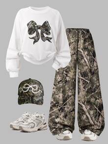 SHEIN Tween Girls 2 Pieces Outfit, Camo Bow Print Raglan Sweatshirt & Leaf Camo Loose Wide Leg Sweatpants, Cute Fall Clothes Set For Tween Girls - White - View 5