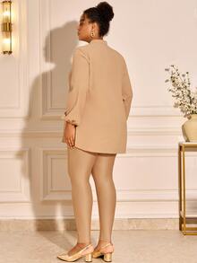 BrightlyHer Plus Size Women's Notched V-Neck Side Slit Hem Blouse And Leggings Solid Color 2 Pieces Set - Khaki - View 2