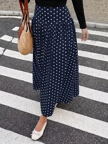 SHEIN 青少年女孩波點印花高腰裙 - 藍色 - 查看 6