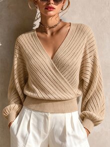 SHEIN LUNE CURVE Plus Size Women's Khaki Cross Wrap V-Neck Hollow Knit Sweater, Autumn New Diagonal Ribbed Textured Lantern Long Sleeve Ribbed Waist Short Pullover, Vintage Relaxed Slimming Elegant Top For Daily Wear, Dating, Commuting, Outerwear And Inner Layer - Khaki - View 5