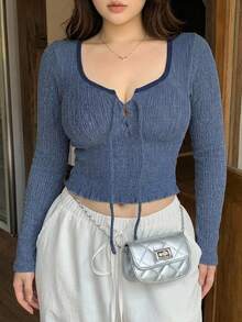 Dazy Plus Colorblock Patchwork Lace-Up Design Short Crop Top Long Sleeve T-Shirt - Teal Blue - View 5