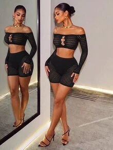 SHEIN BamGlam Women's Off-Shoulder Long Sleeve Cutout Design Cropped Top And Shorts Sexy Set - Black - View 6