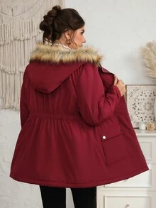 EMERY ROSE Plus Size Women's Winter Casual Fur Collar Solid Color Padded Coat - Red Violet - View 2