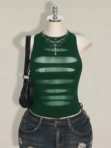 SHEIN ICON 大尺碼 Y2K 哥德風透明破洞性感細肩帶上衣 女款黑色透視網紗上衣 約會之夜 雞尾酒會 夏季 - 墨綠色 - 查看 1