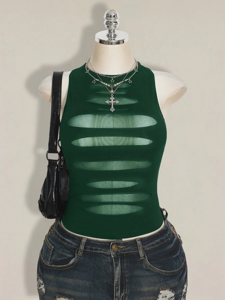 SHEIN ICON 大尺碼 Y2K 哥德風透明破洞性感細肩帶上衣 女款黑色透視網紗上衣 約會之夜 雞尾酒會 夏季 - 墨綠色 - 查看 1