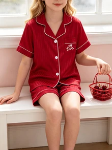 Girls Pink Checkered Knit Short Sleeve Cardigan And Shorts 2 Pieces Pajama Set Girly Pj Set Girls Night Summer Cute - Red - View 4