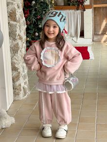 Dazy Kids Infant (Girl) Round Neck All-Over Heart Print Korean Style Long Sleeve Sweatshirt Set - Baby Pink - View 3