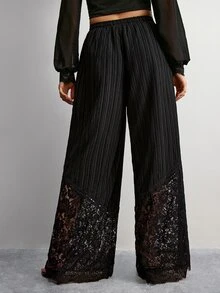 Willow Rêve Women's Black Lace Hem Loose Long Pants - Black - View 2
