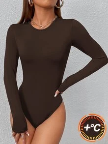 SHEIN PETITE 女款純色修身百搭日常穿著長袖緊身連身衣，黑色，秋季極簡簡約百搭，小碼 - 巧克力棕 - 查看 10