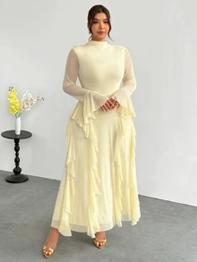 Firerie Plus Size Women's Solid Color Stand Collar Bell Sleeve Patchwork Ruffle Elegant Dress - Yellow - View 1