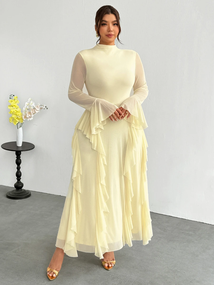 Firerie Plus Size Women's Solid Color Stand Collar Bell Sleeve Patchwork Ruffle Elegant Dress - Yellow - View 1