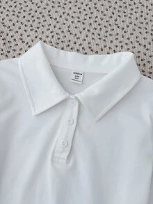 青少年女孩秋冬款修身休閒方領半鈕扣前襟白色純色長袖T恤 - 白色 - 查看 4