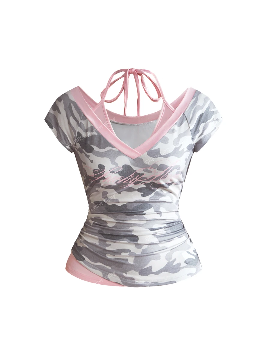 ROMWE Sexy Y2K 2 In 1 V-Neck Camo Contrast Color English Embroidery Halter Tie Women's T-Shirt - Army Green - View 1