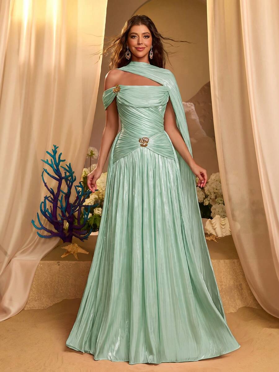Glamrae Elegant Green Detachable Draped Neck Drape Luxury Fine Glitter ...