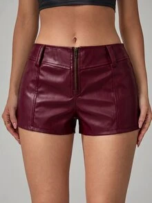SHEIN Tall 女款性感拉鍊PU材質時尚短褲 - 酒紅色 - 查看 5