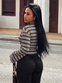 Slaydiva 女款 V 領條紋休閒日常長袖 T 恤 - 彩色 - 查看 2