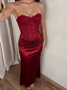 Glamine Women's Lace Patchwork Pleated Elegant Cinched Waist Long Strapless Dress - Burgundy - View 5