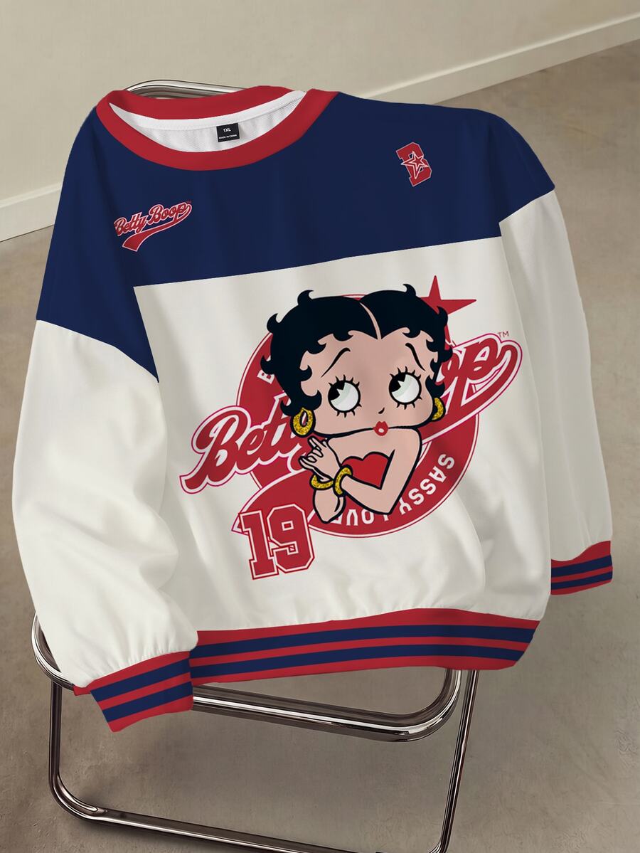 Betty Boop x SHEIN Plus Size Women's Letter Cartoon Print Crew Neck ...