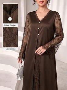 Al Najma Autumn/Winter V-Neck Lace Long Sleeve Inner Layer Lace 2 In 1 Elegant Elegant Fashionable Generous Women's Dress - Brown - View 4