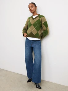 Maija Holiday Party Urban Green Autumn/Winter Women's Plaid Small V-Neck Sweater - Army Green - View 2
