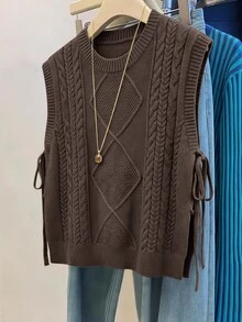 SHEIN VCAY Plus Size Women's Side Tie Waist Casual Daily Wear Knit Vest Winter - Coffee Brown - View 1