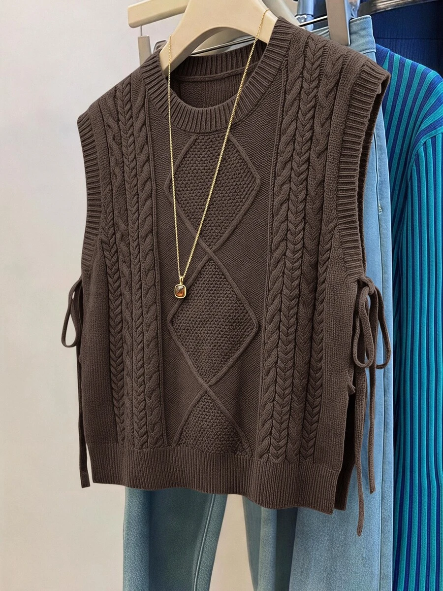 SHEIN VCAY Plus Size Women's Side Tie Waist Casual Daily Wear Knit Vest Winter - Coffee Brown - View 1