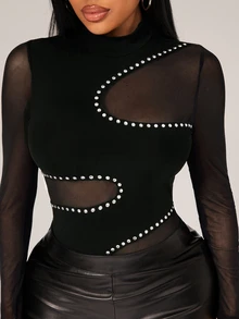 Radiana Women's Contrast Mesh Stand Collar Long Sleeve Sexy Bodysuit - Black - View 5