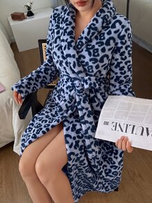 Napfluff 女款休閒豹紋提花抓絨長版睡袍，大翻領、繫腰外套，秋冬豹紋睡袍豹紋睡衣 - 藍色 - 查看 5